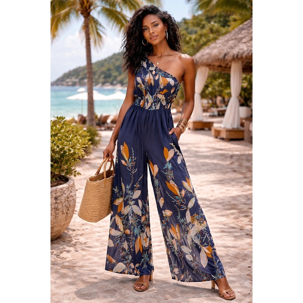 Free People One Shoulder Floral Wide Leg Jumpsuit Navy Blue Orange Smocked Waist